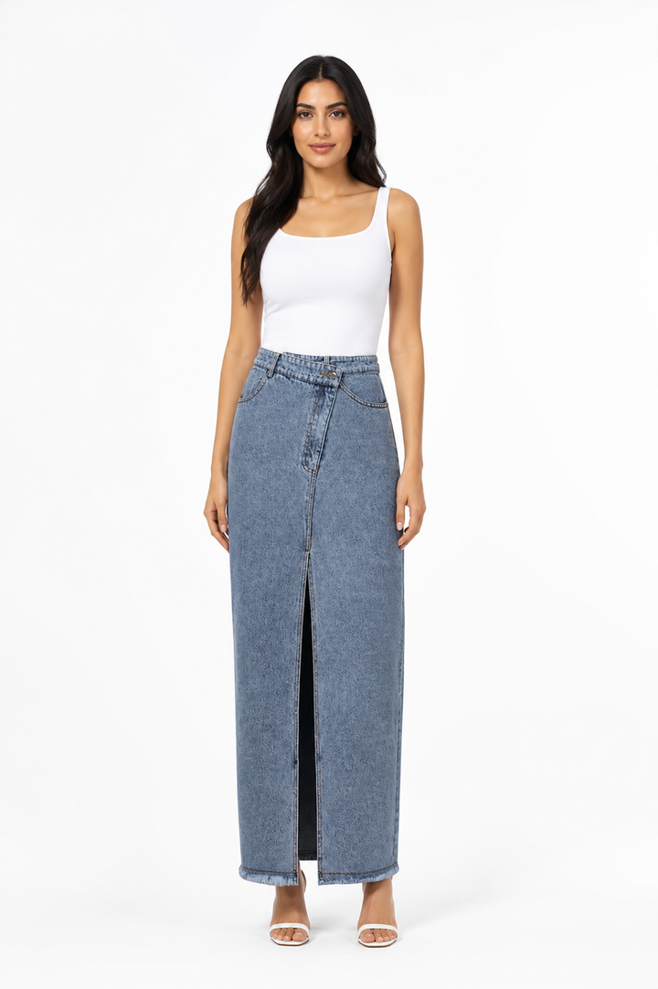Blue Denim Front-Slit Maxi Skirt – ELVIRA