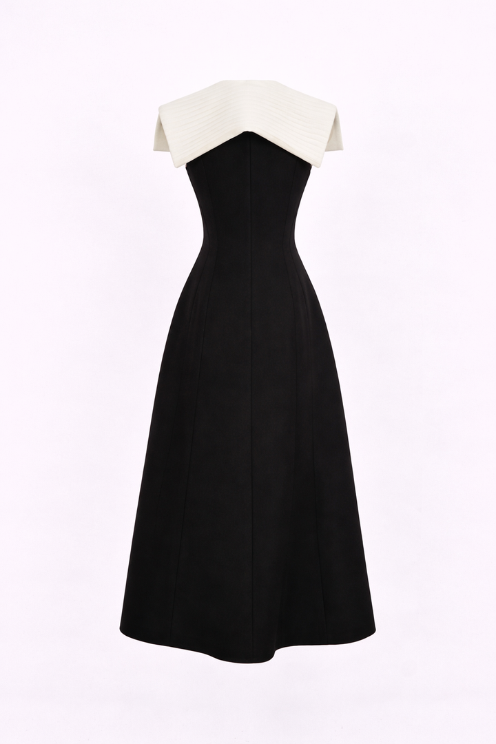 sleeveless midi dress with contrast oversized collar and contour stitching – MONO