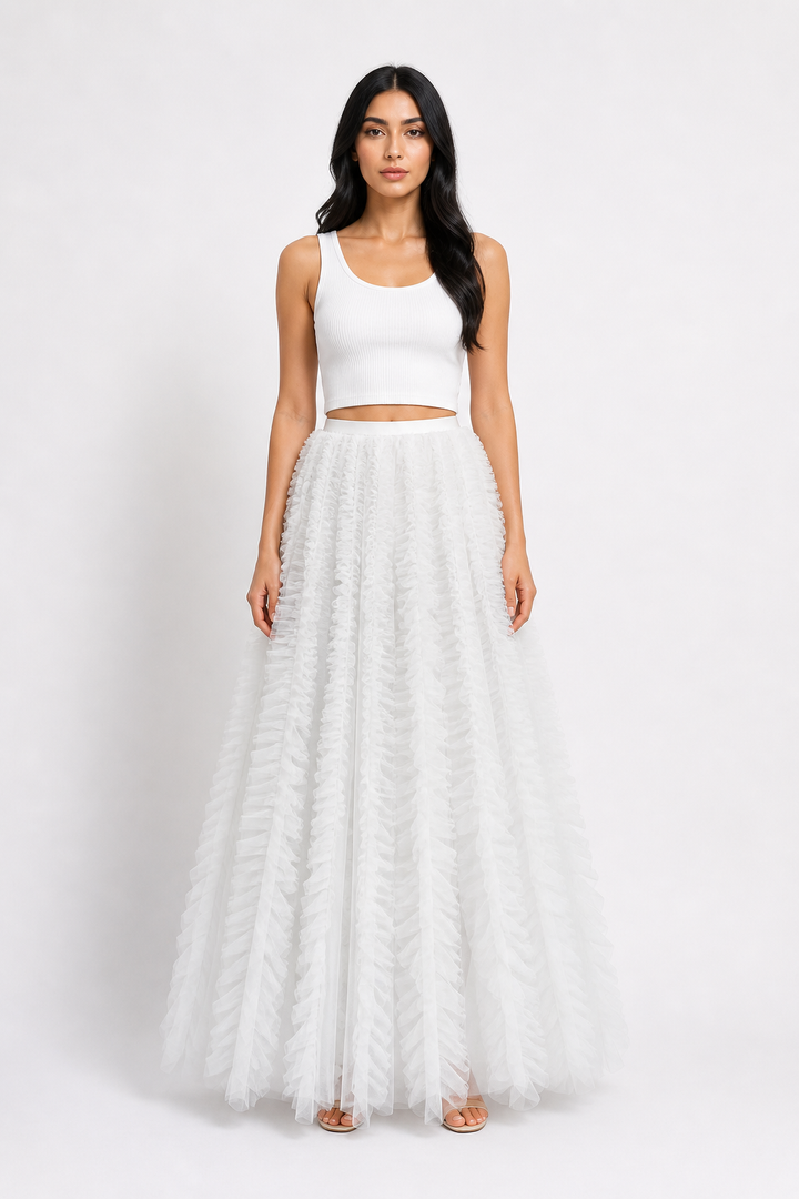 Beige Ruffled Tulle Maxi Skirt – AURÉLIA