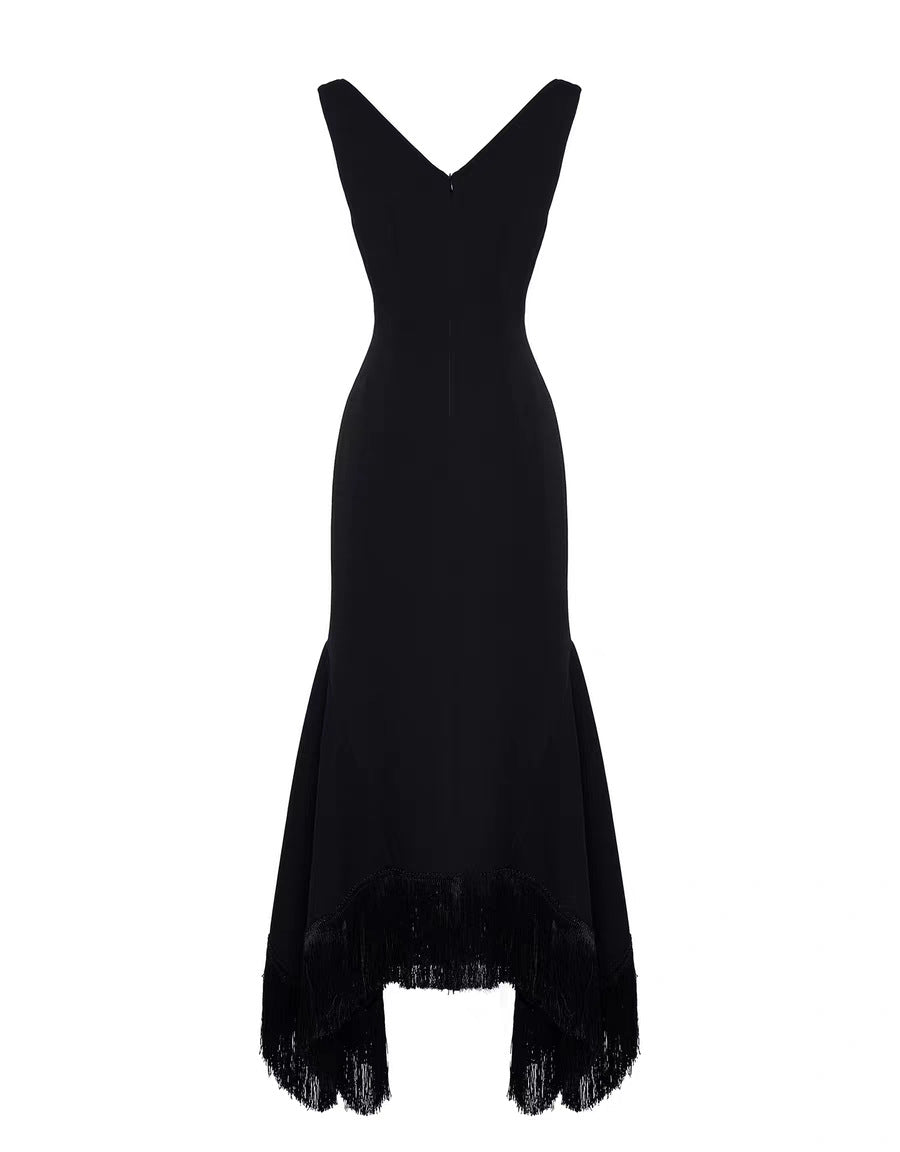 sleeveless mermaid dress with asymmetrical fringe hem – NOIRS