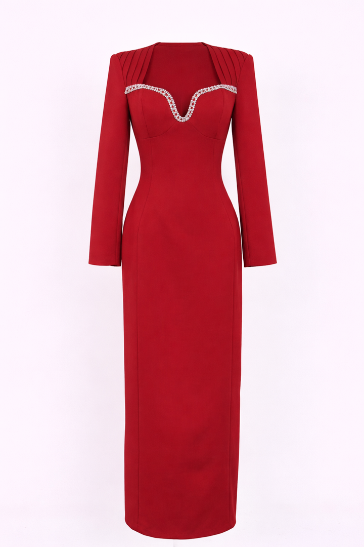 Name: long sleeve fitted dress with embellished sweetheart neckline – RUBINA