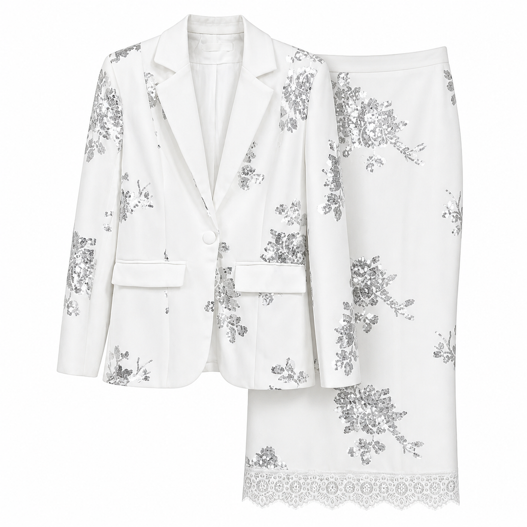 Black Floral Embroidered Blazer & Pencil Skirt Set – NOIRÉA