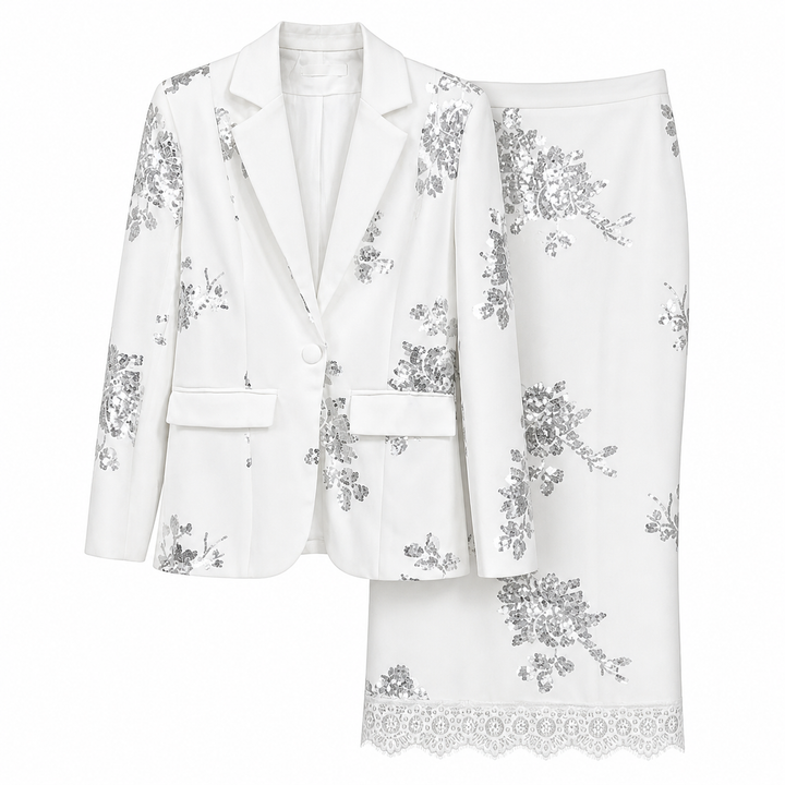 Black Floral Embroidered Blazer & Pencil Skirt Set – NOIRÉA