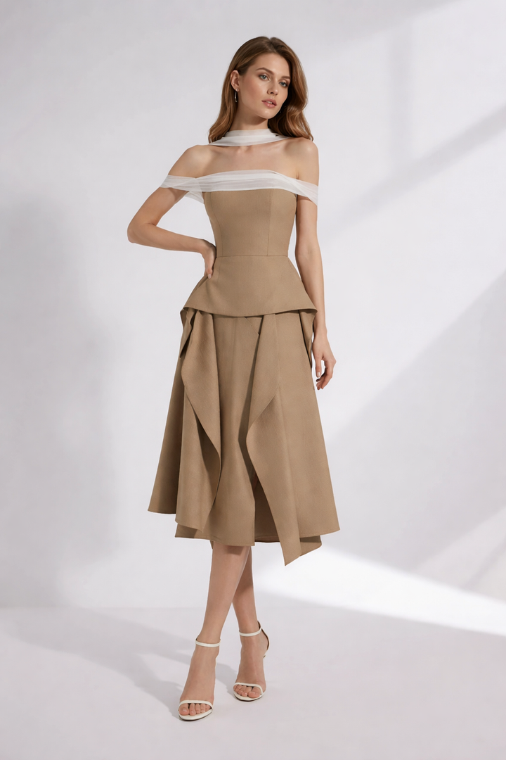 strapless draped midi dress with contrast chiffon neckline – DESERT