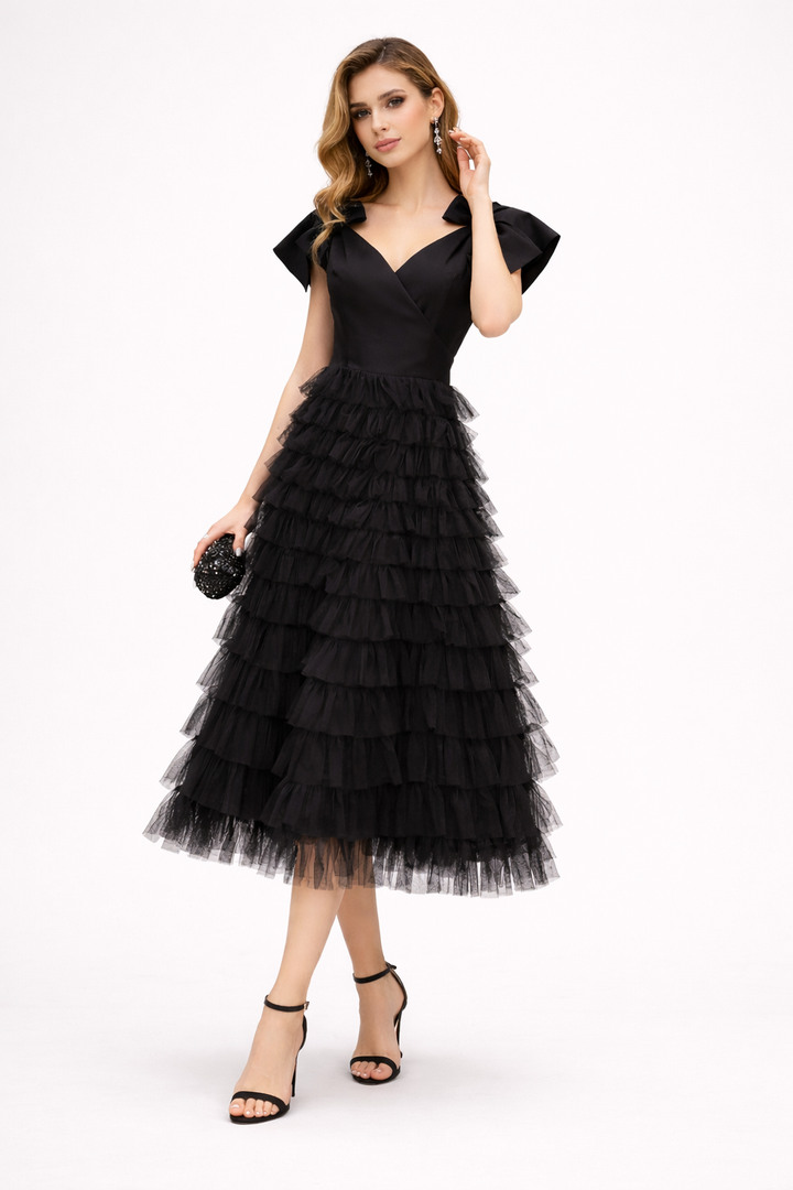 off-shoulder tulle midi dress with layered ruffles and bow straps – NOIRS