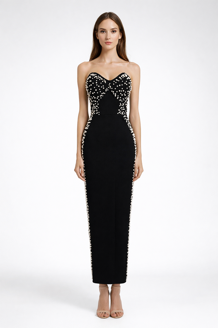 strapless fitted midi dress with pearl embellishments – PEARL