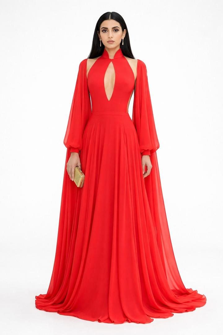 high-neck maxi dress with keyhole cutout and flowing sleeves – SCARLET