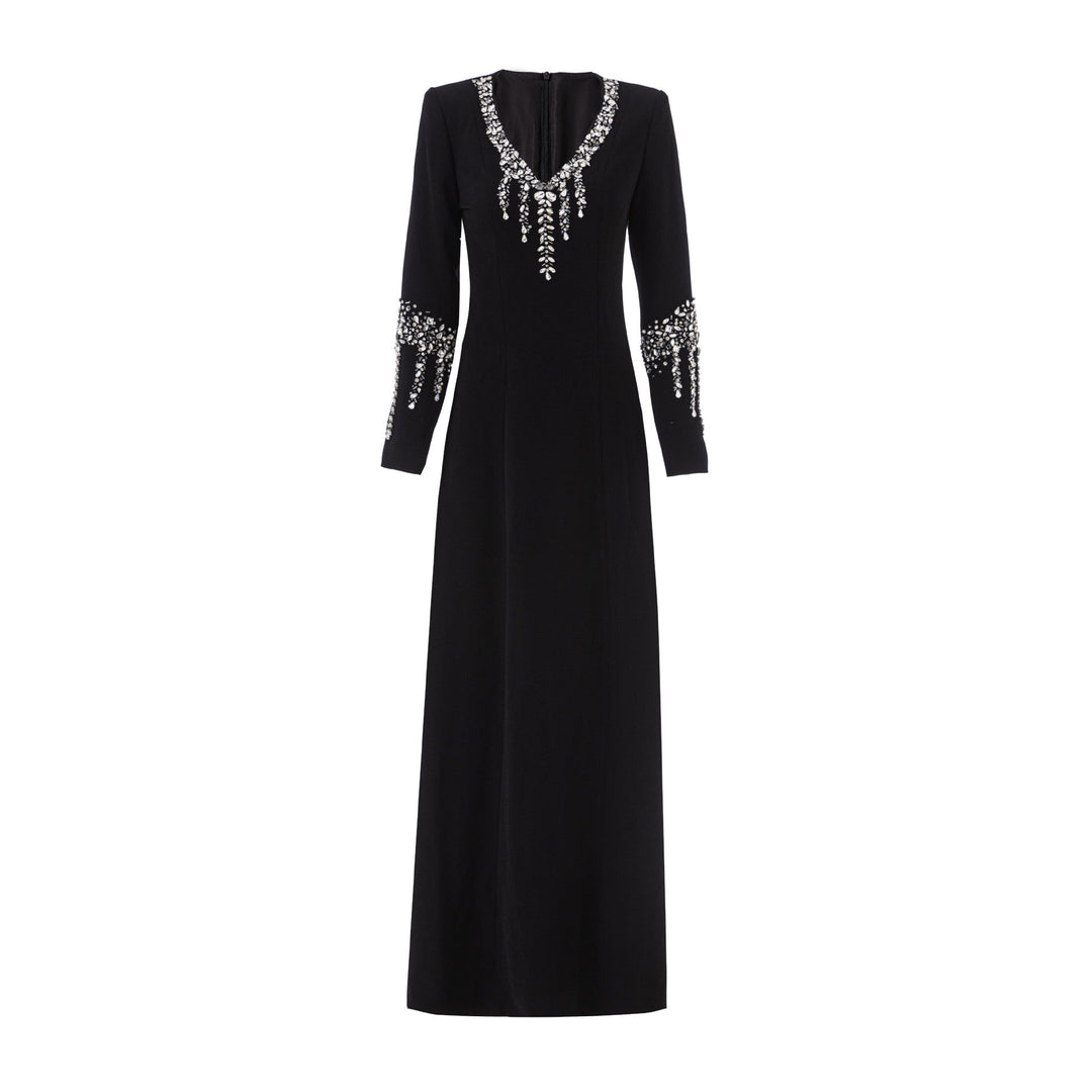 long sleeve column dress with embellished neckline and cuff details – GLIMMER