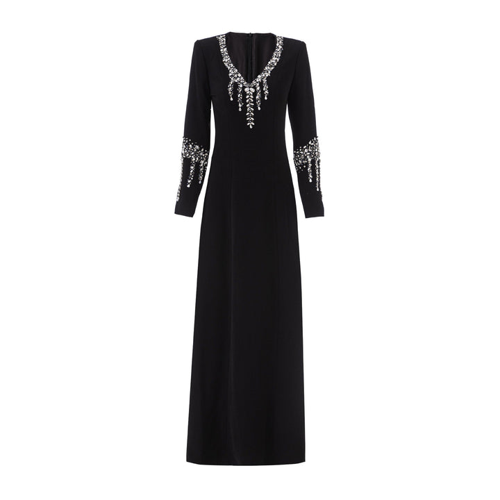 long sleeve column dress with embellished neckline and cuff details – GLIMMER