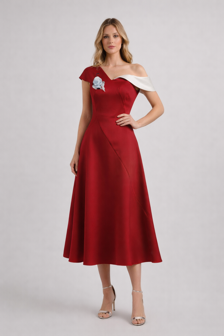 one shoulder satin midi dress with floral detail – SCARLET