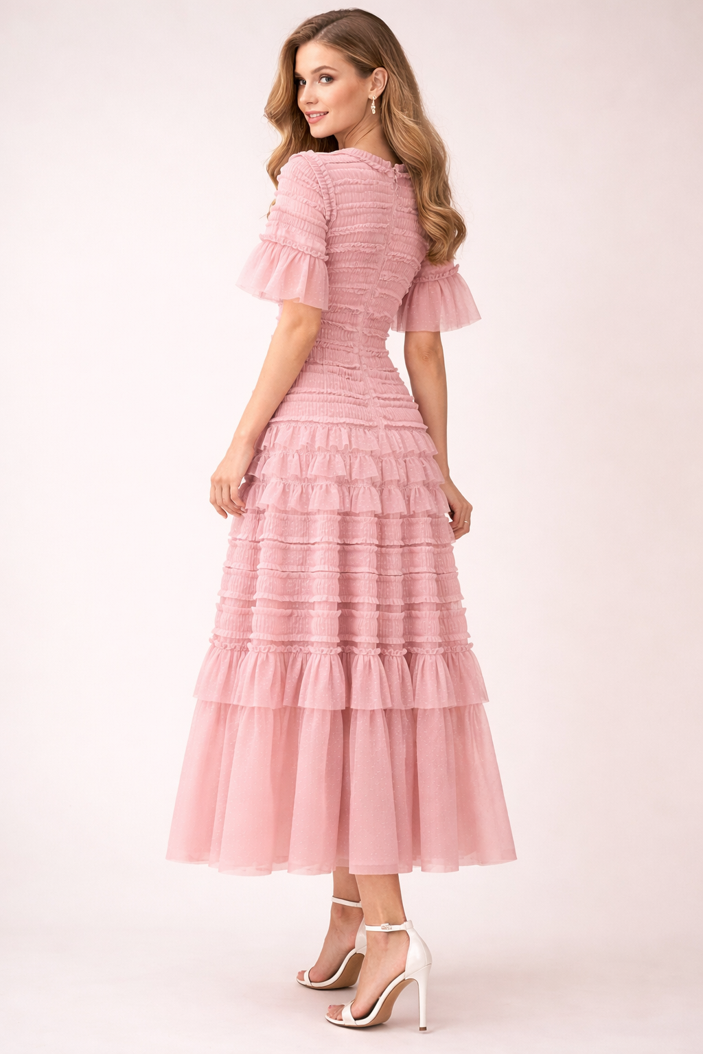 ruffled mesh midi dress with smocked bodice – ROSE