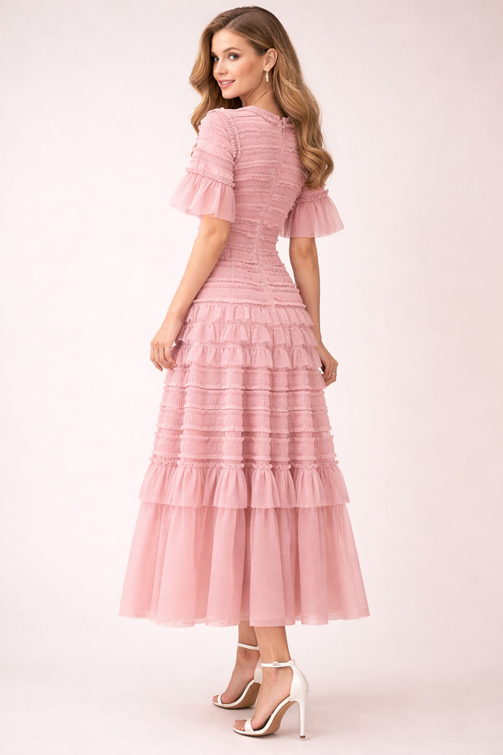 ruffled mesh midi dress with smocked bodice – ROSE