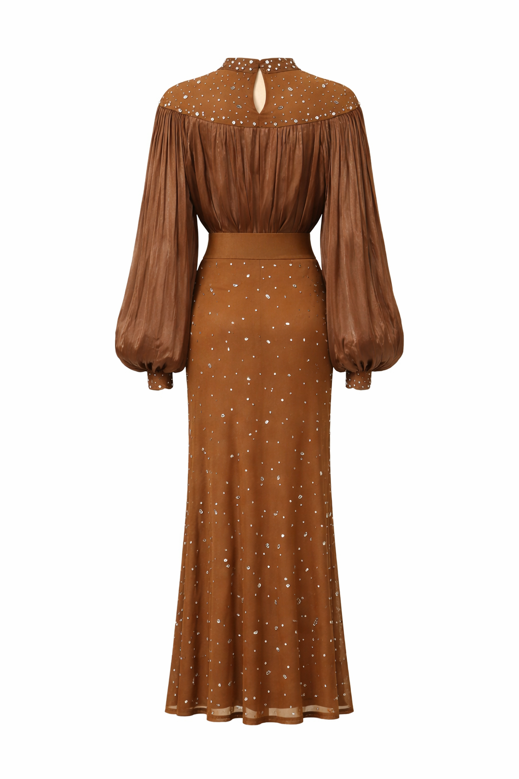 long sleeve midi dress with sheer embellished bodice and draped waist – SIENNA