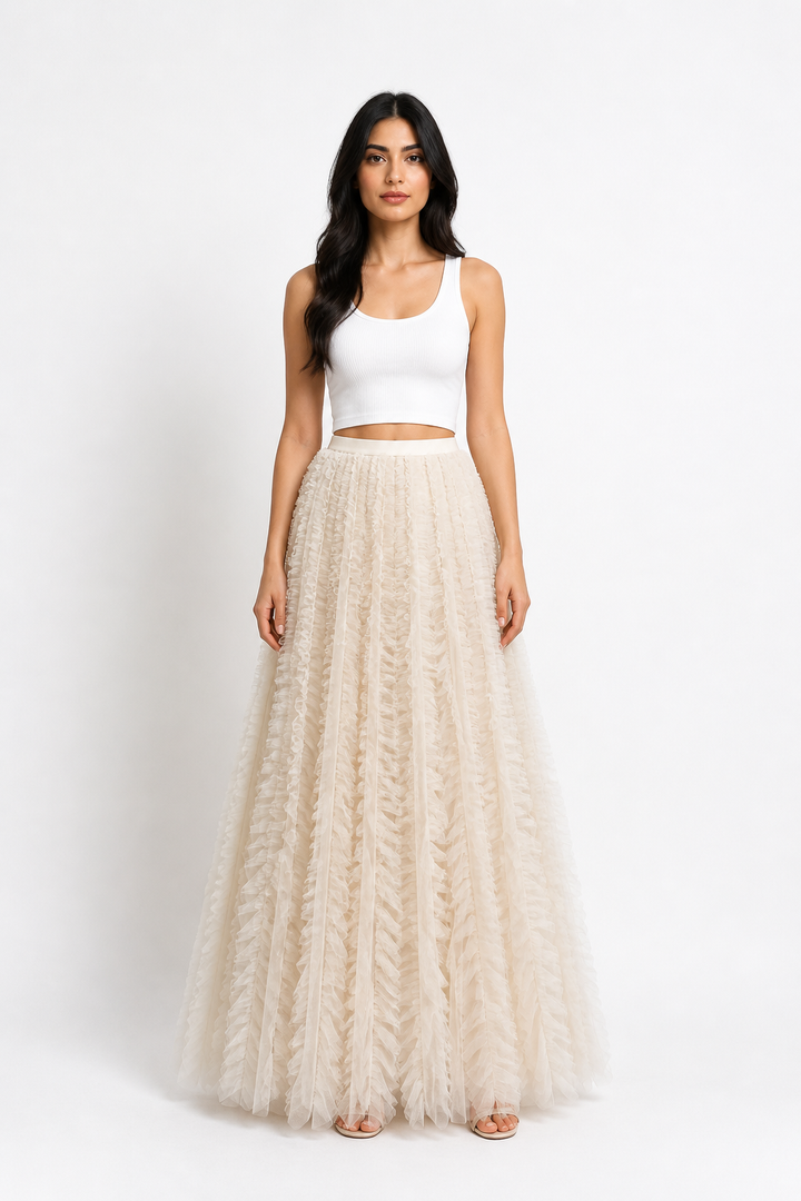 Beige Ruffled Tulle Maxi Skirt – AURÉLIA