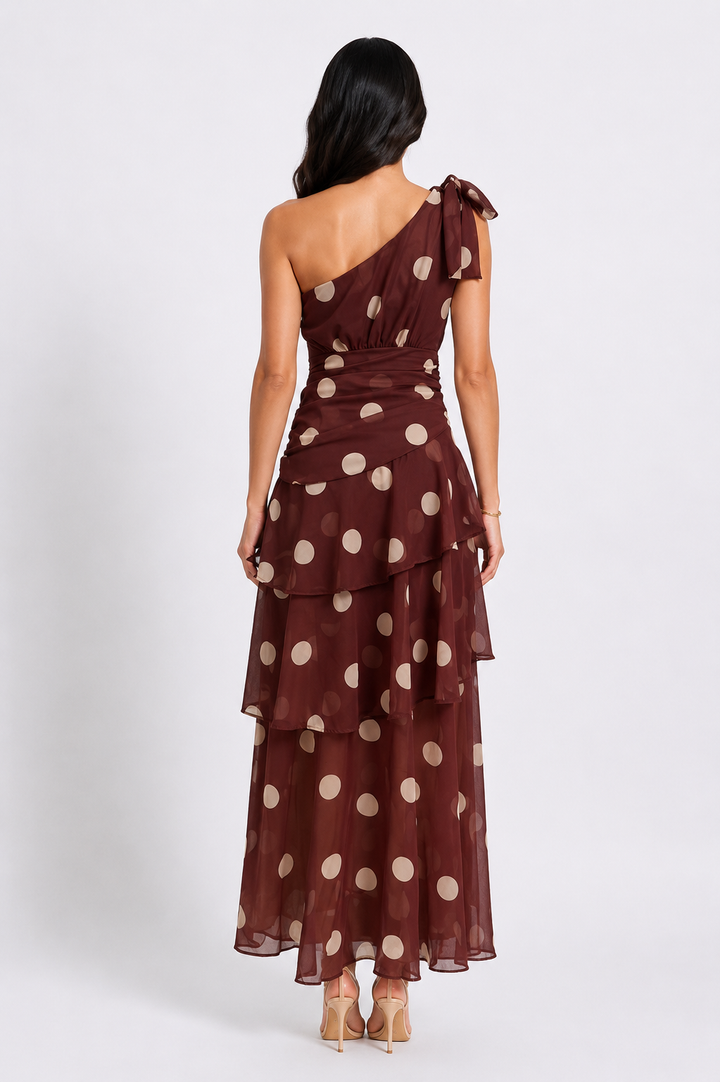 Polka Dot One-Shoulder Maxi Dress - Elegance