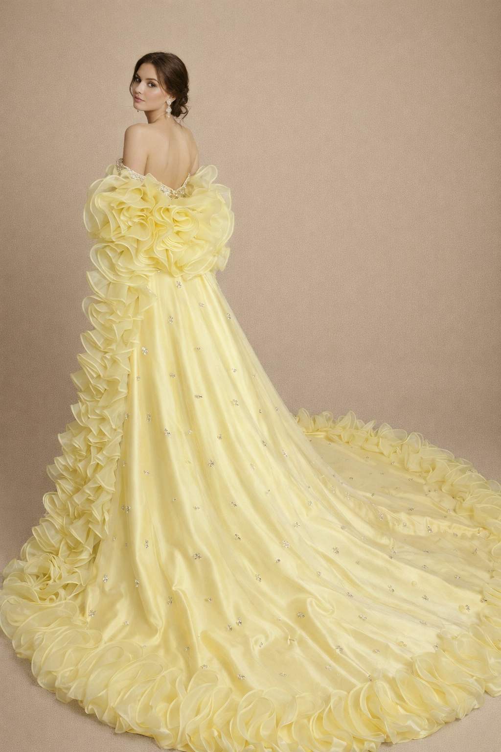 off-shoulder satin gown with ruffled cape train – AURÉLIE