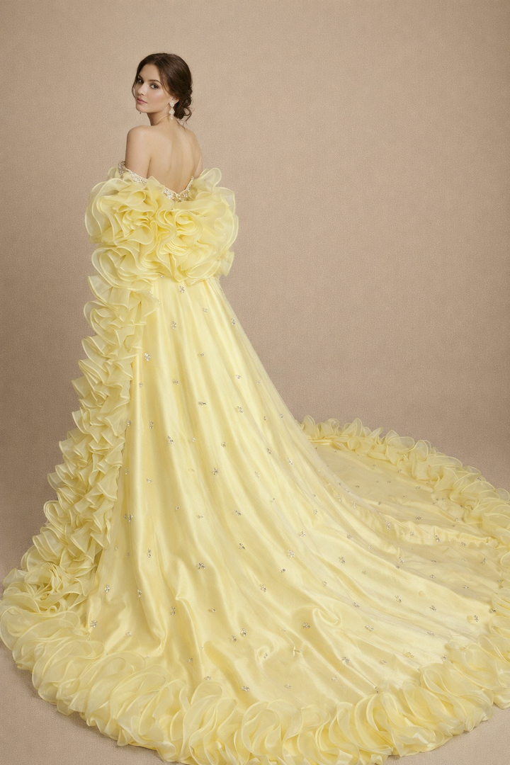 off-shoulder satin gown with ruffled cape train – AURÉLIE