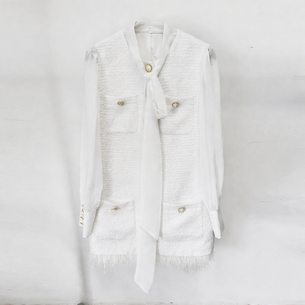 textured sleeveless vest with bow-tie blouse – GRACE