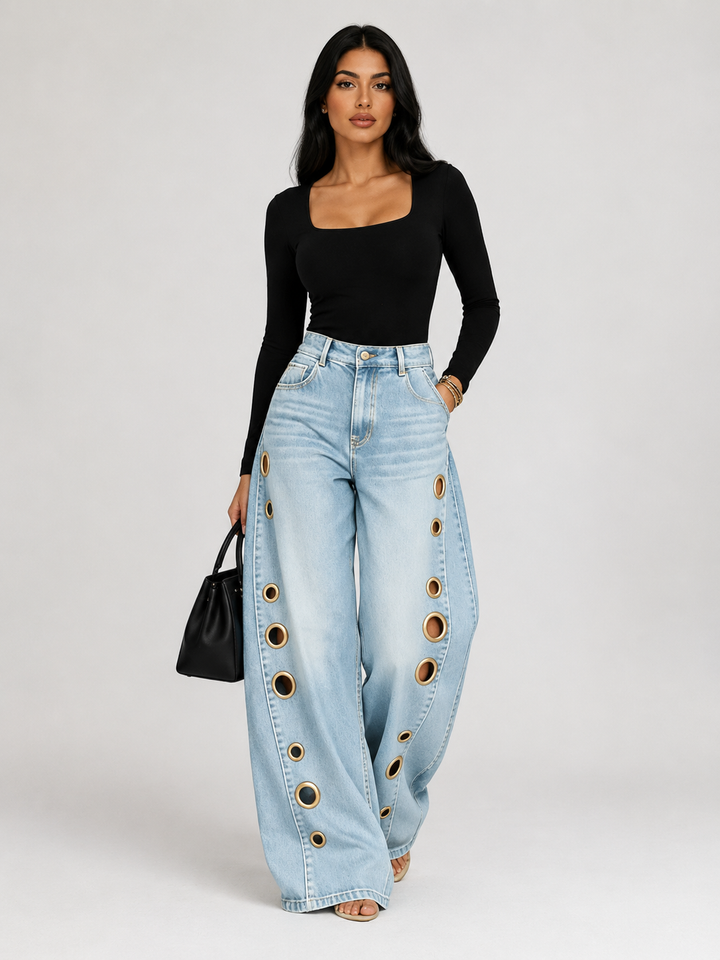 Wide Leg Eyelet Denim Jeans - Chicx