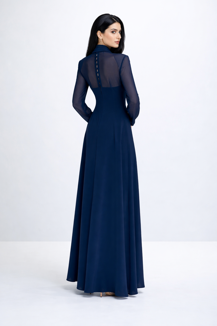 high-neck maxi dress with sheer sleeves – CELESTE