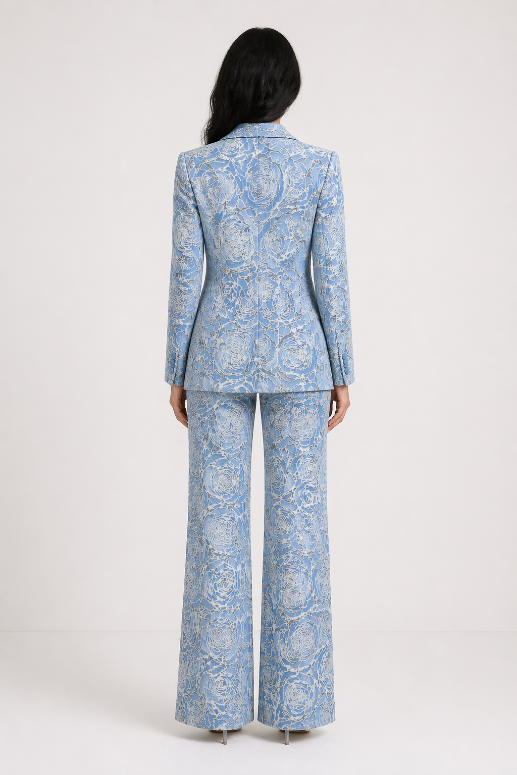 Blue Floral Jacquard Blazer and Wide-Leg Pants Set - AZELLA