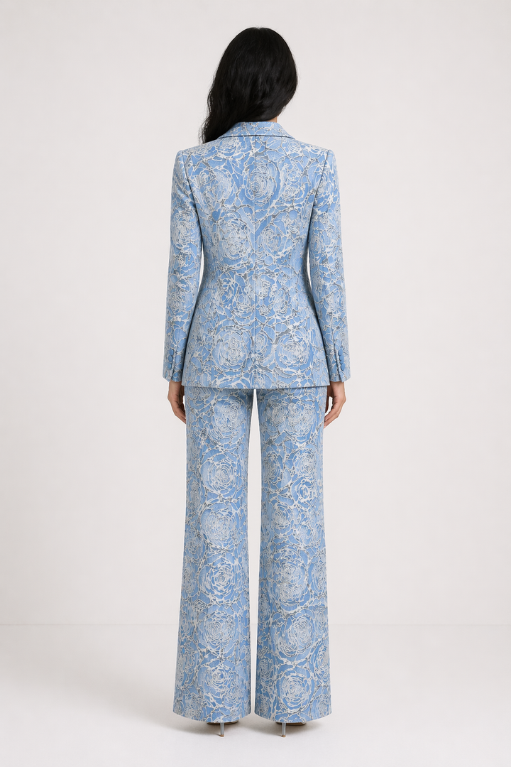 Blue Floral Jacquard Blazer and Wide-Leg Pants Set - AZELLA