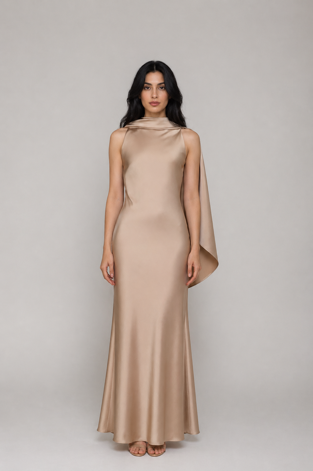 Ivory One-Shoulder Draped Satin Maxi Dress - SERENA