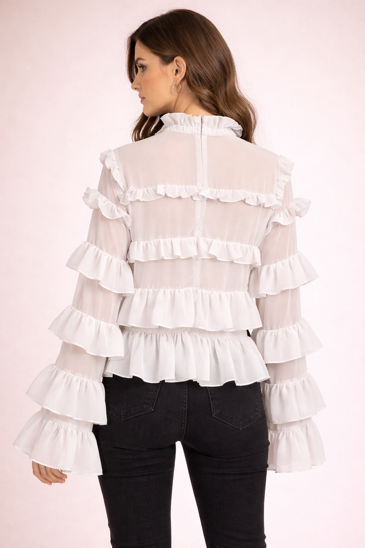 sheer ruffle blouse with layered sleeves – NUDE