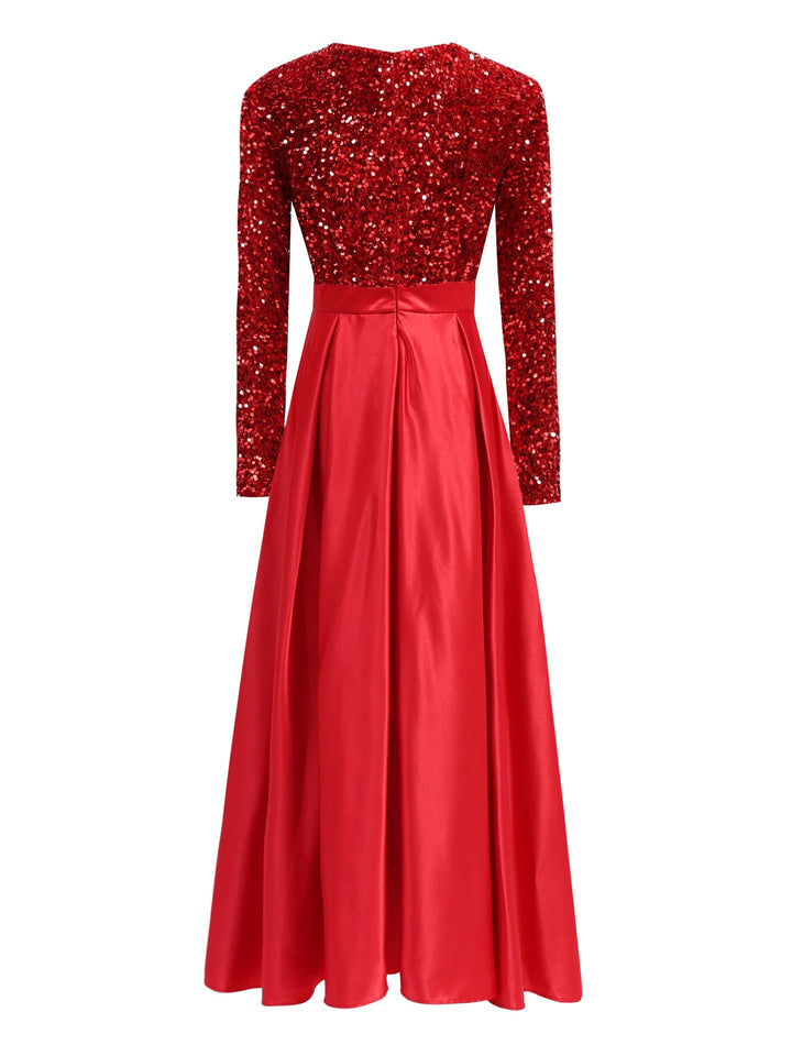 long-sleeve sequin bodice satin maxi dress – SILVÉRA