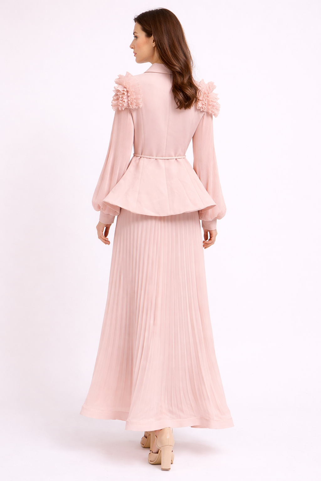 pleated maxi skirt set with ruffle collar blazer - AZURE