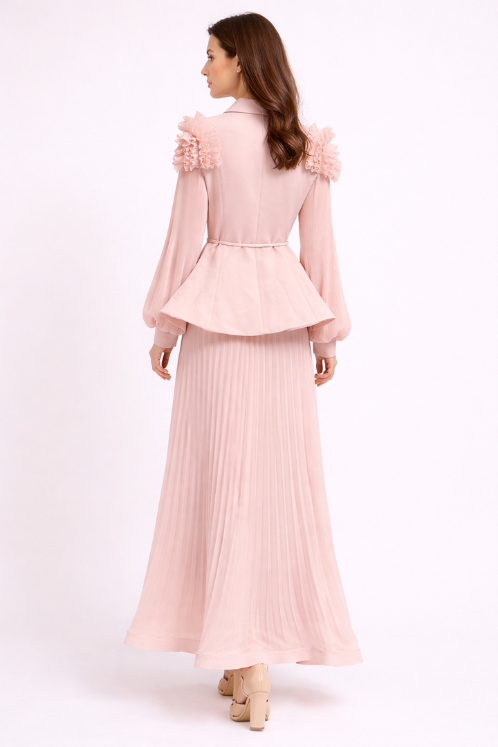 pleated maxi skirt set with ruffle collar blazer - AZURE
