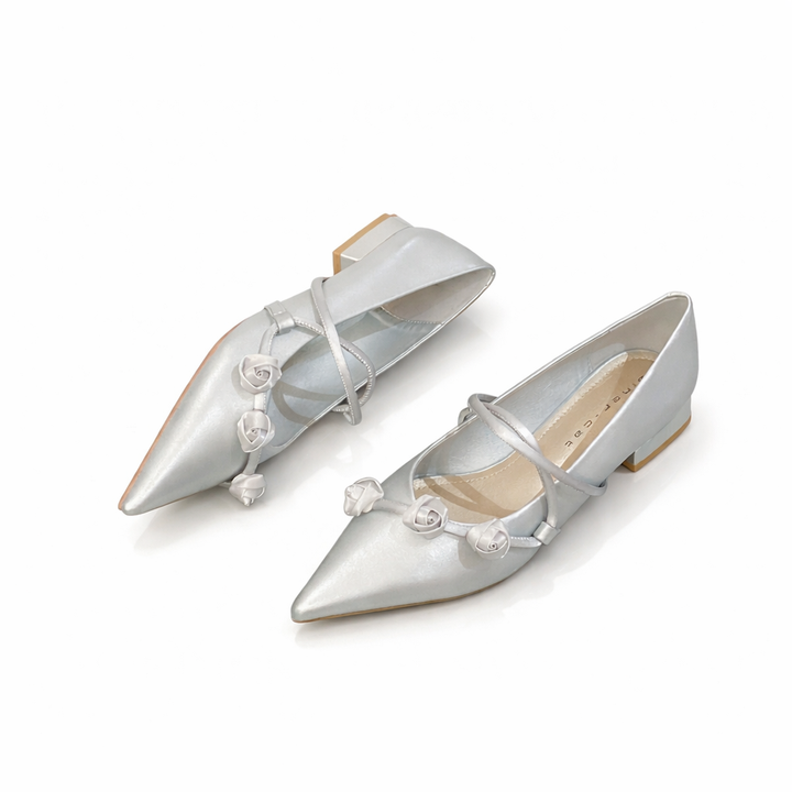 satin mary jane flat with rose appliqué strap – BLOSSOM