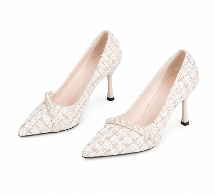 Pearl Strap Tweed Stiletto Heels - Paris