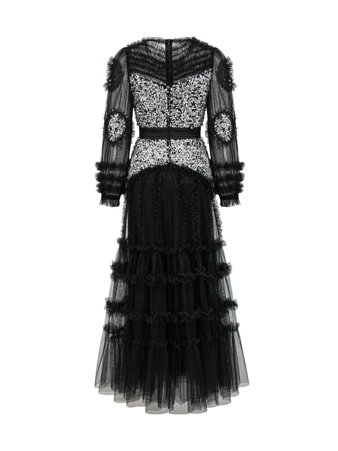 long-sleeve sequin bodice dress with layered tulle skirt – LUXE
