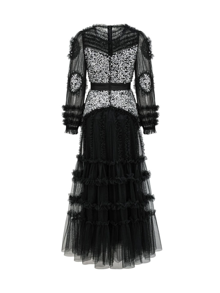 long-sleeve sequin bodice dress with layered tulle skirt – LUXE