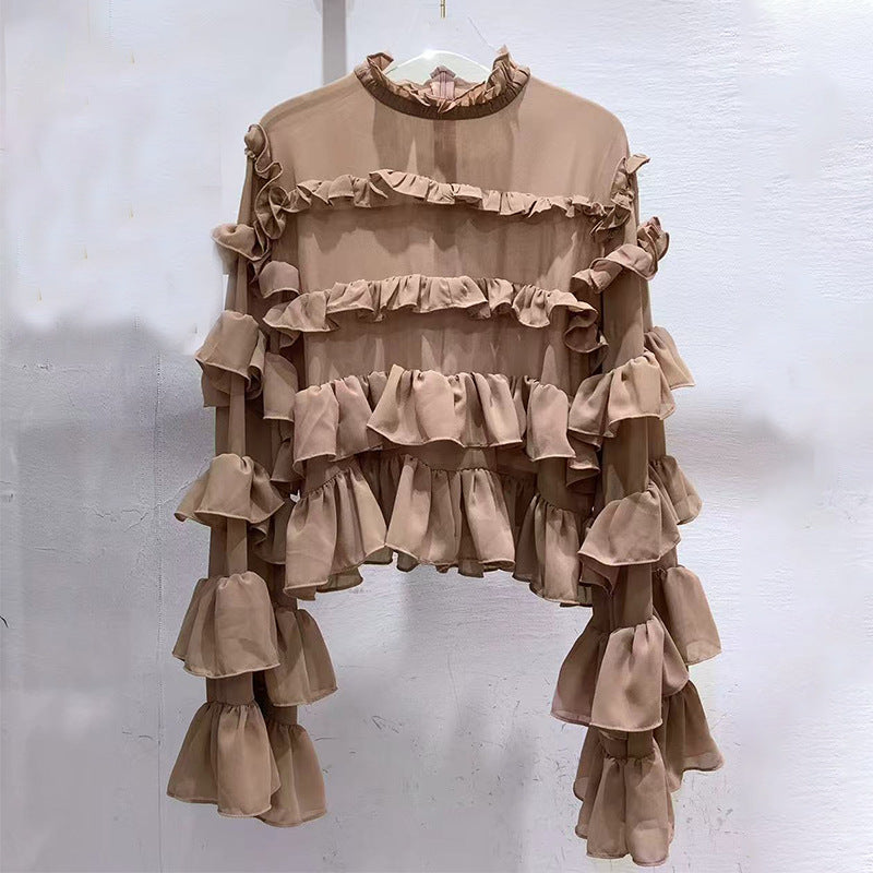 sheer ruffle blouse with layered sleeves – NUDE