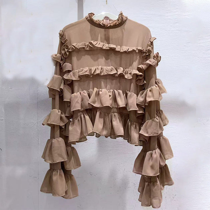 sheer ruffle blouse with layered sleeves – NUDE