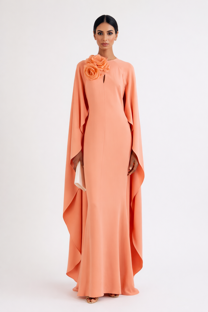 cape sleeve column dress with floral shoulder detail – CORAL