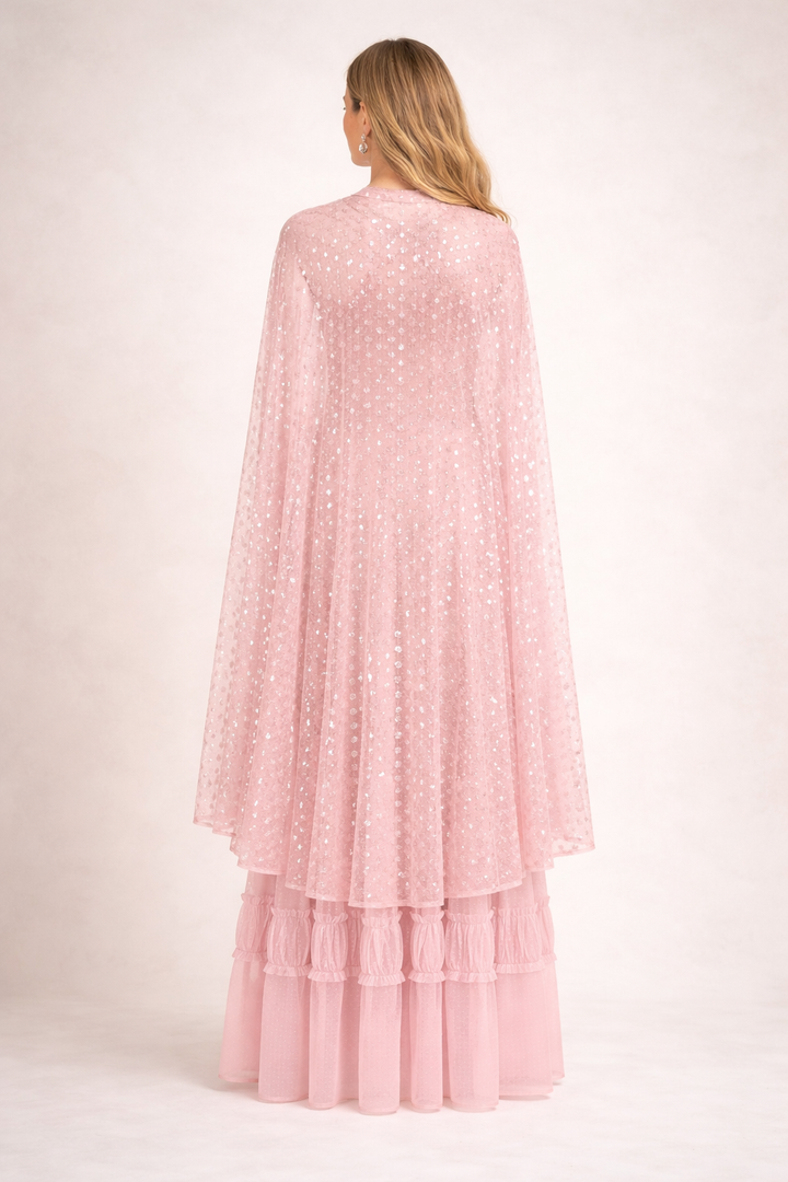 layered tulle maxi dress with sheer cape overlay – AZURE