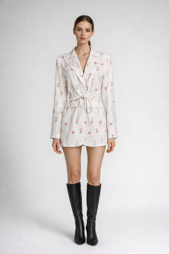 Floral Print Belted Blazer Mini Dress-SKLERO