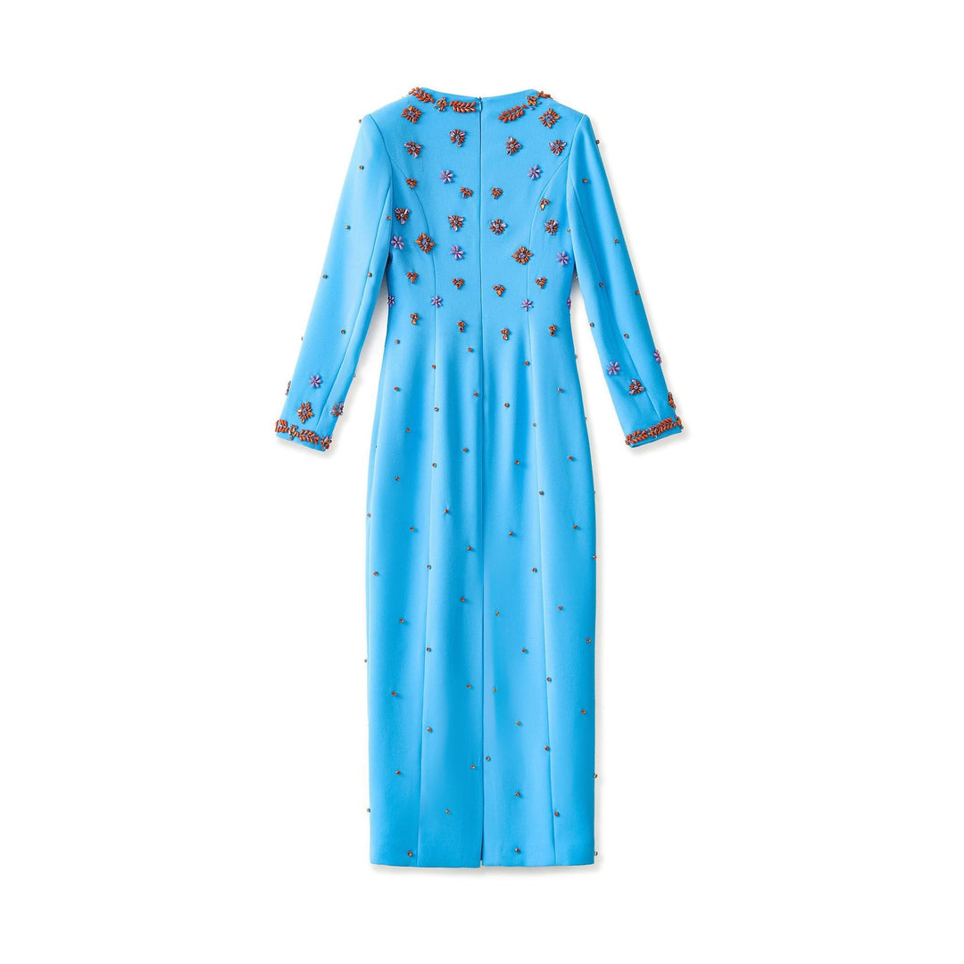 long sleeve column dress with floral crystal embellishment – AZURA
