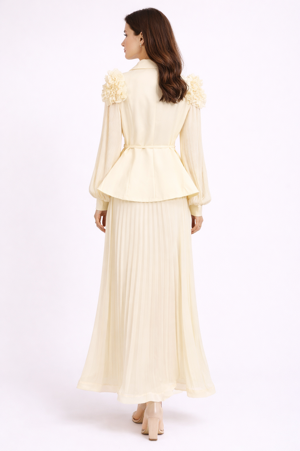 pleated maxi skirt set with ruffle collar blazer - AZURE