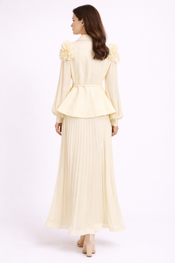 pleated maxi skirt set with ruffle collar blazer - AZURE