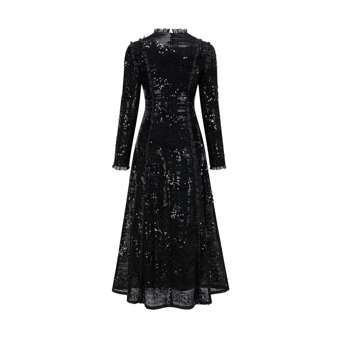 long sleeve embellished lace midi dress with high neck – CHAMPAGNE