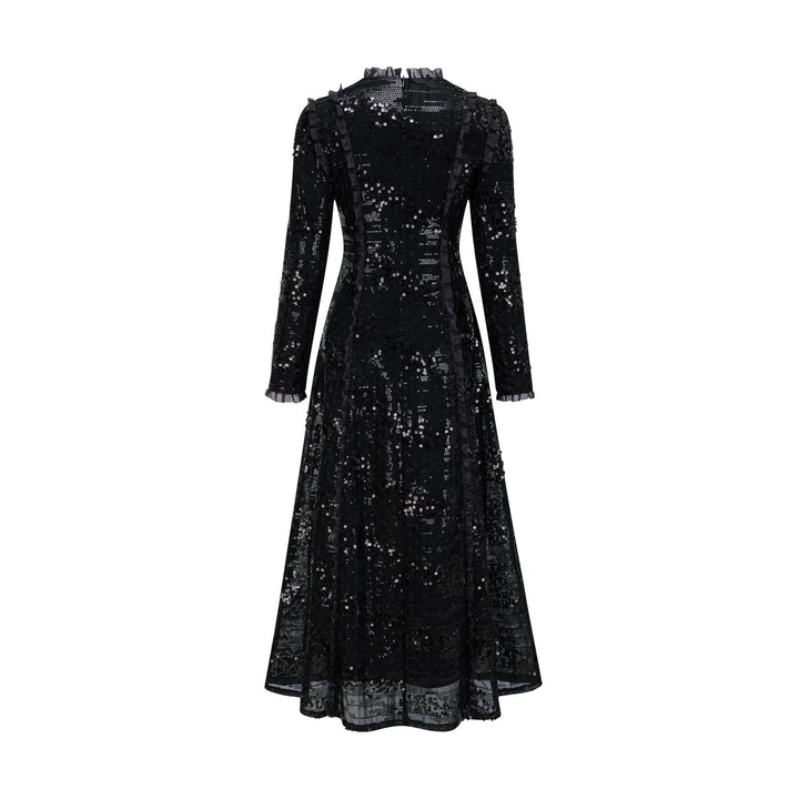 long sleeve embellished lace midi dress with high neck – CHAMPAGNE