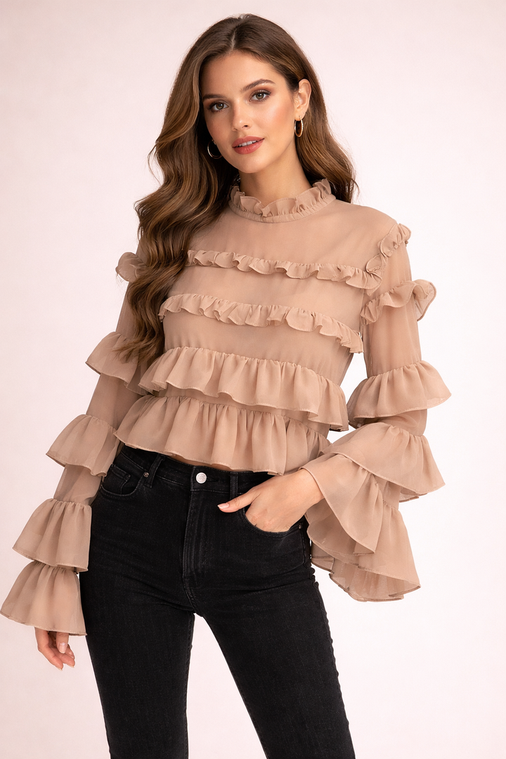 sheer ruffle blouse with layered sleeves – NUDE