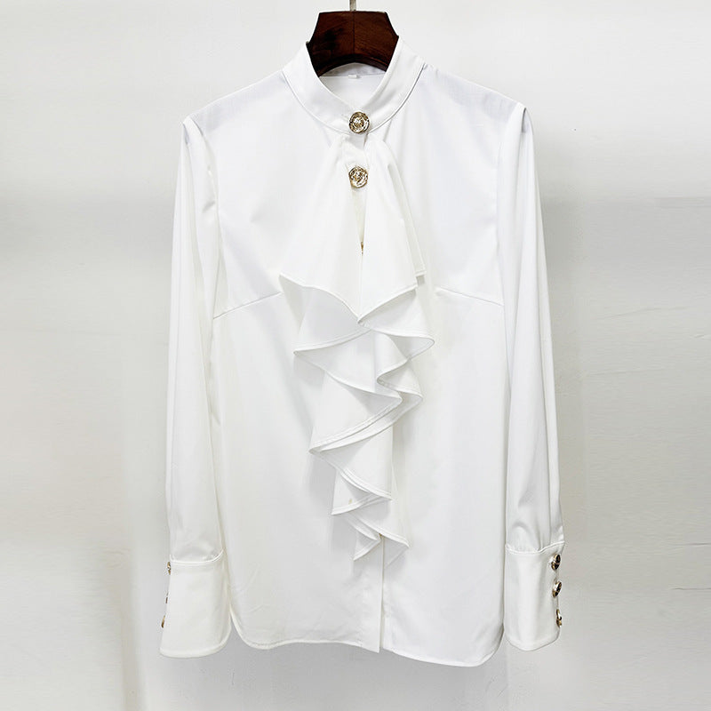 high-neck blouse with cascading ruffle front – ELARA