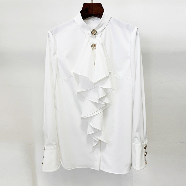 high-neck blouse with cascading ruffle front – ELARA