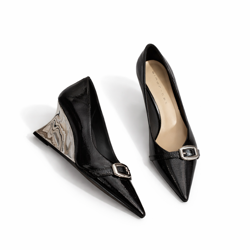 pointed toe metallic wedge pumps with buckle detail – LUMIA