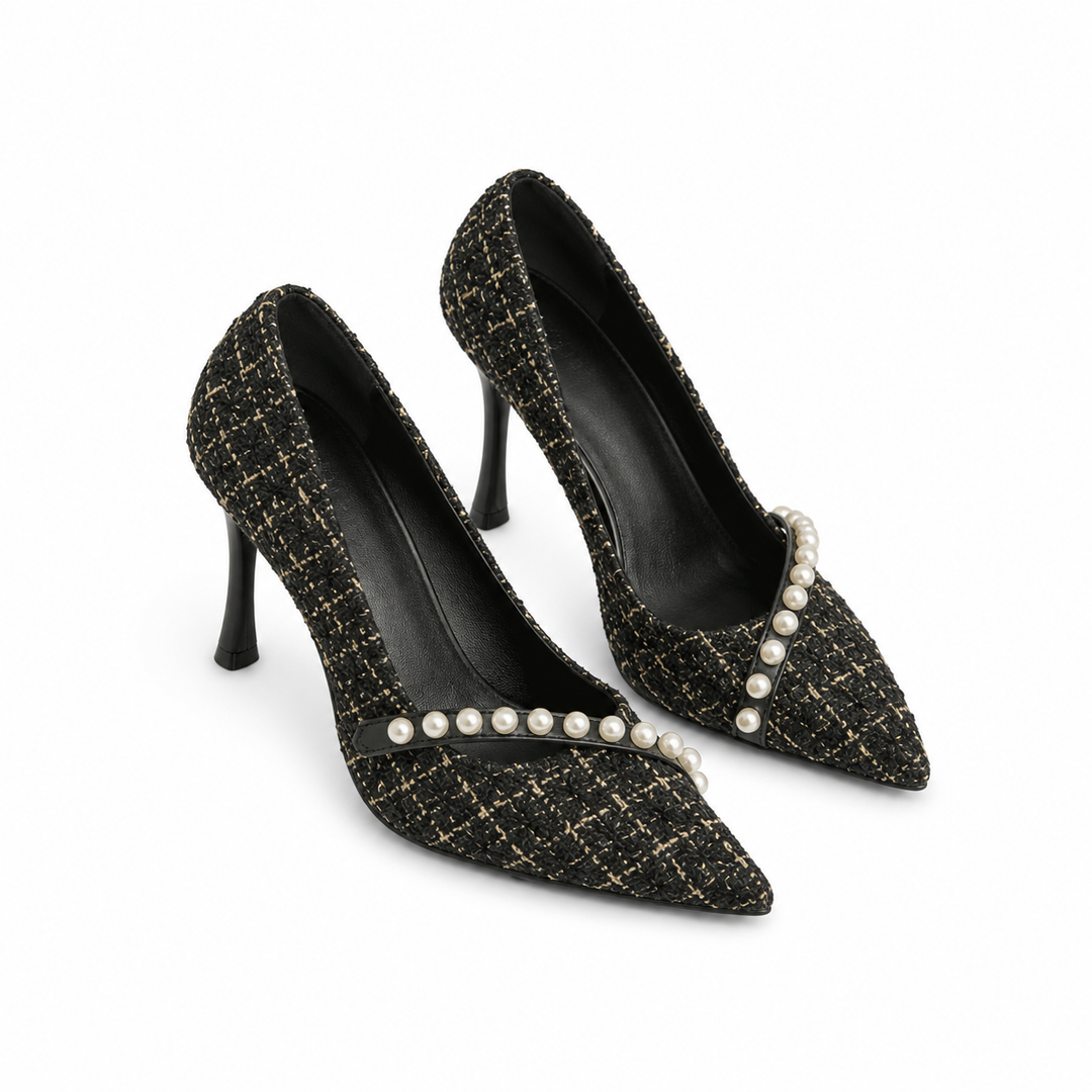 Pearl Strap Tweed Stiletto Heels - Paris